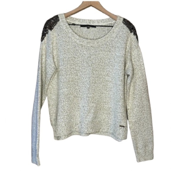 Women's L Guess Embellished Sweater White Metallic Gold Thread Crew Neck - Picture 1 of 10